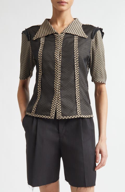 Jacquard Silk Organza Mixed Media Short Sleeve Button-Up Shirt