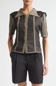 Maison Margiela Jacquard Silk Organza Mixed Media Short Sleeve Button-Up Shirt