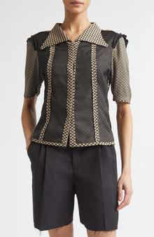Jacquard Silk Organza Mixed Media Short Sleeve Button-Up Shirt