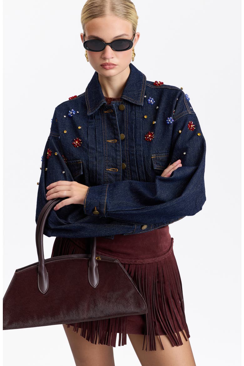 Crystal Embellished Crop Denim Trucker Jacket, Alternate, color, MULTI GEM-DARK RINSE