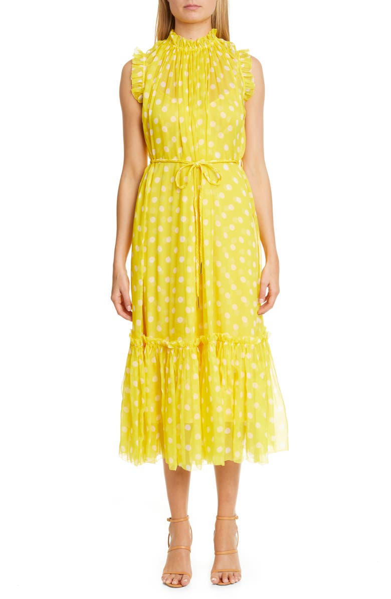 Zimmermann Brightside Polka Dot Silk Chiffon Midi Dress, Main, color,