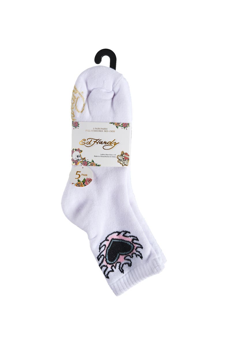 Ed Hardy Heart Flame Print Full Cushion Mid Crew Sock 5-Pack, Alternate, color, White Multi
