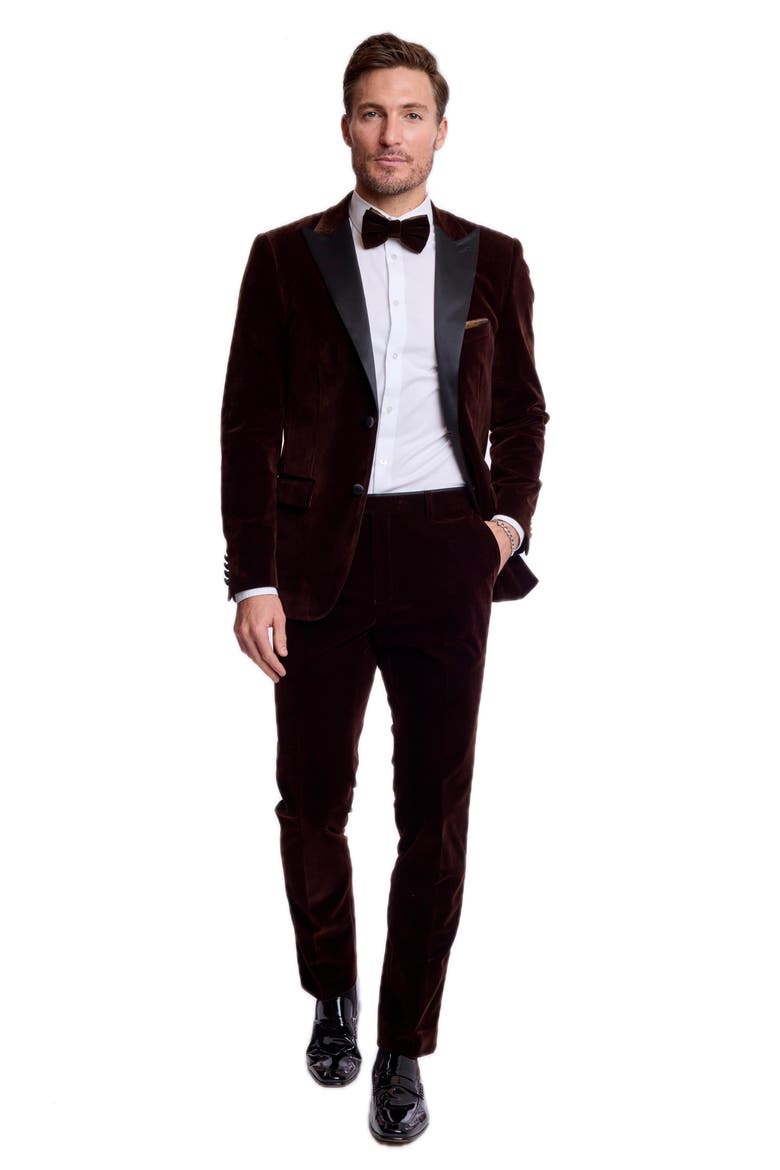 Sloane Mid Rise Slim Fit Velvet Tuxedo Pants, Alternate, color, BROWN VELVET