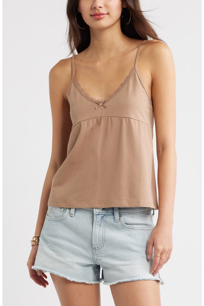 Lace Trim Stretch Cotton Camisole, Main, color, BROWN FRESCO