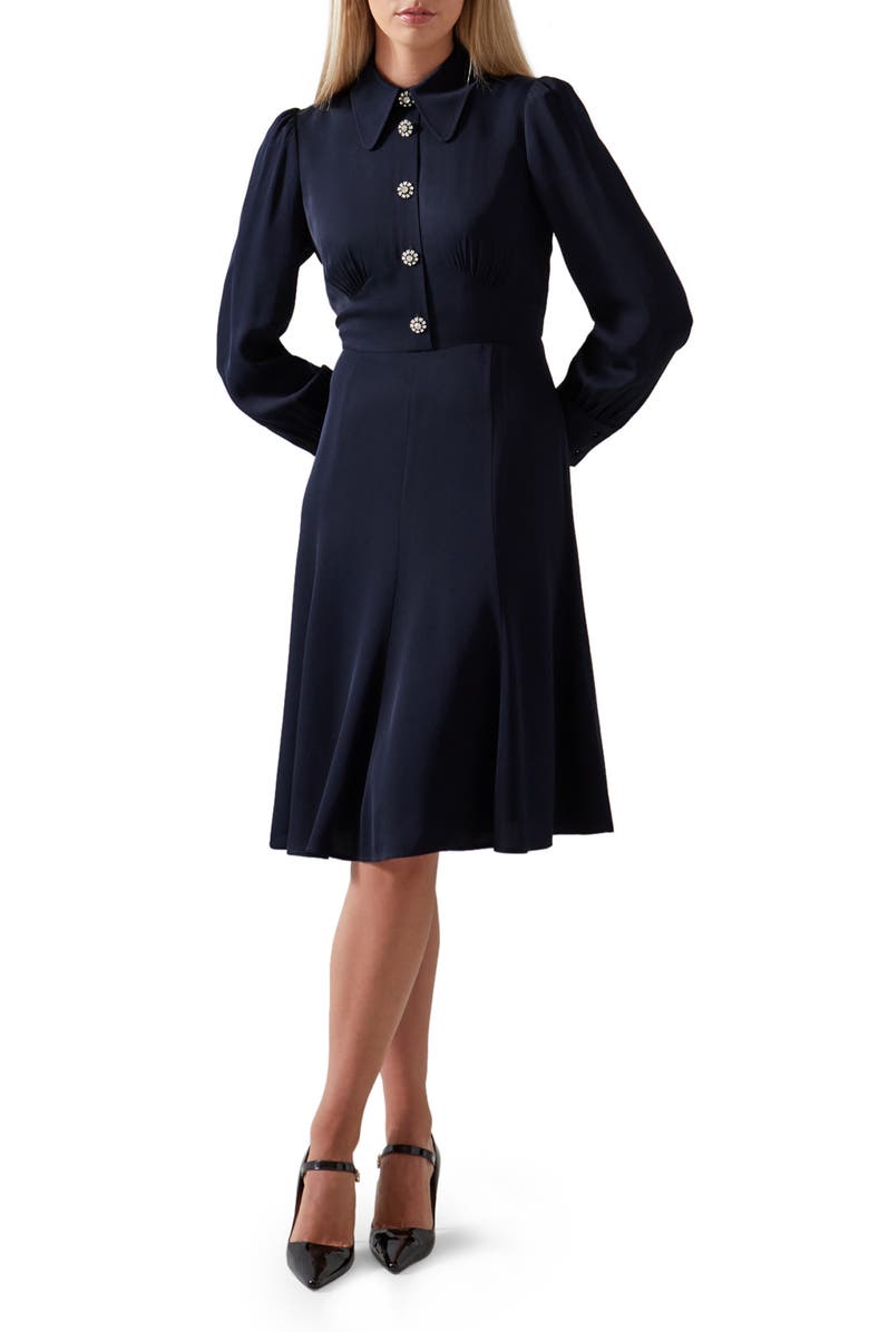 LK Bennett Mira Button Front Long Sleeve Crepe Dress, Main, color, 