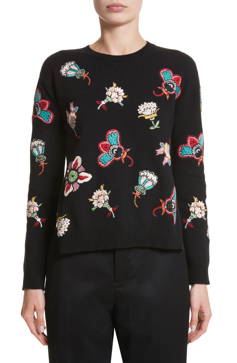 Valentino Floral Embroidered Wool Sweater, Main, color, 