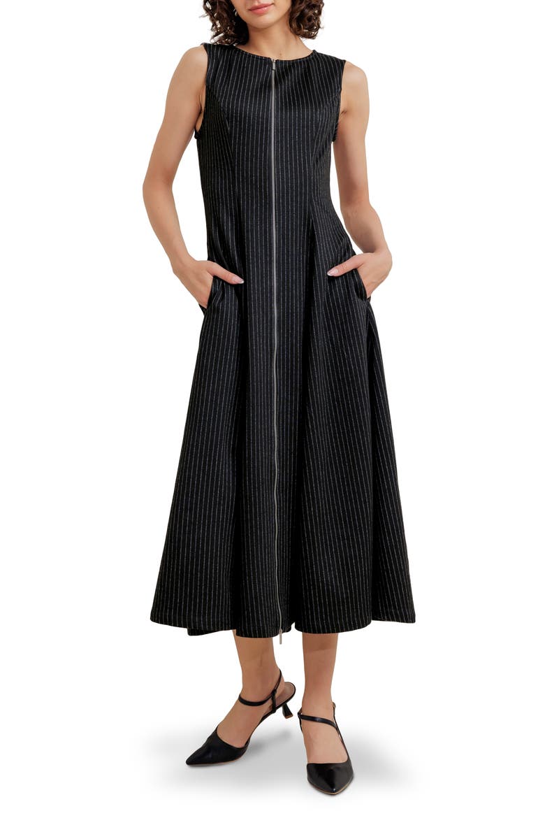 Pinstripe Zip Front Midi Dress, Main, color, BLACK