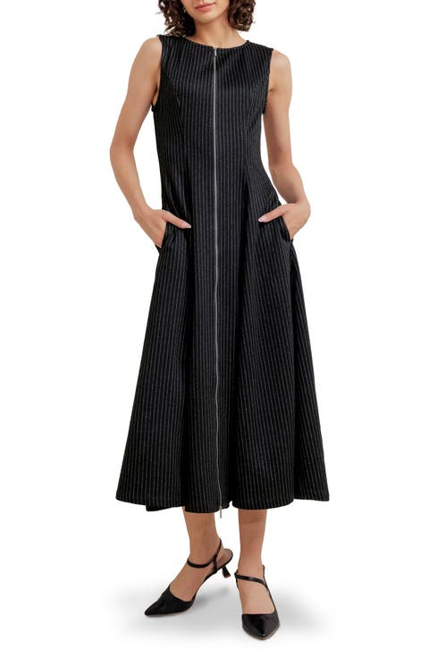 Pinstripe Zip Front Midi Dress