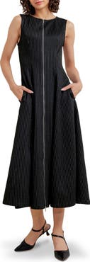 FREEMARKET Pinstripe Zip Front Midi Dress
