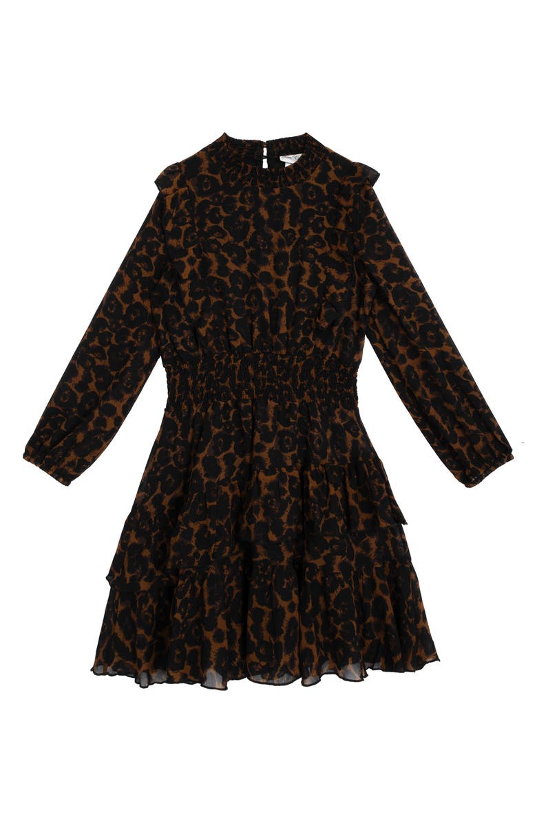 Rare Editions Kids' Print Ruffle Long Sleeve Smocked Dress, Main, color, Brown