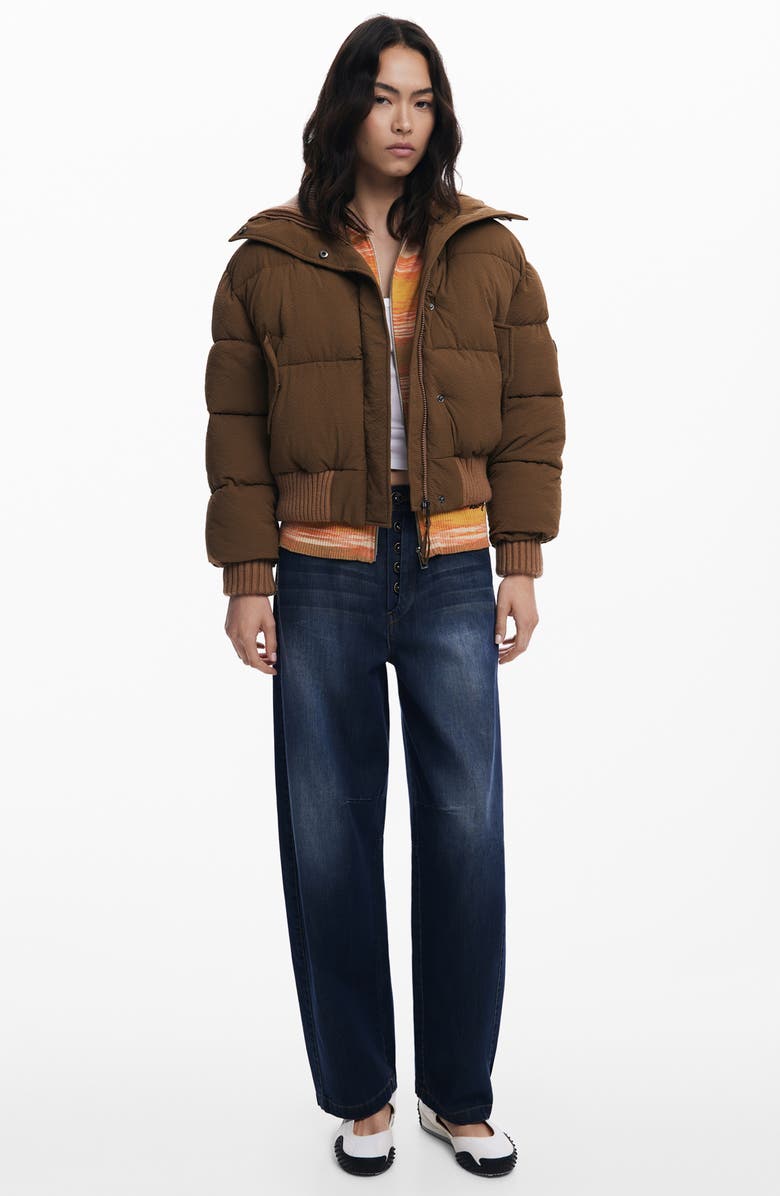 Desigual Mixed Media Puffer Jacket, Alternate, color, Brown