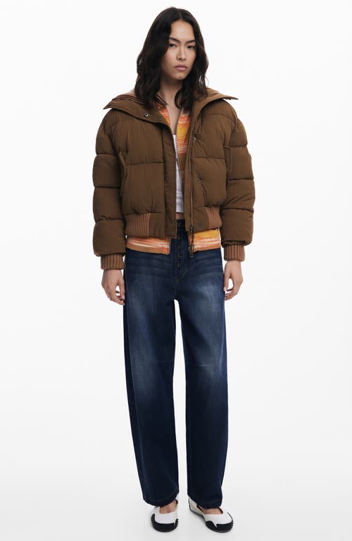 Desigual Mixed Media Puffer Jacket In Brown