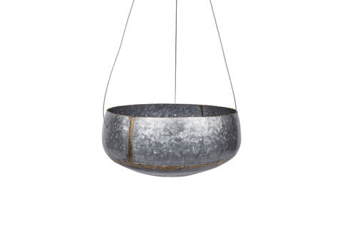 Round Galvanized Metal Hanging Planter, Silver and Gold