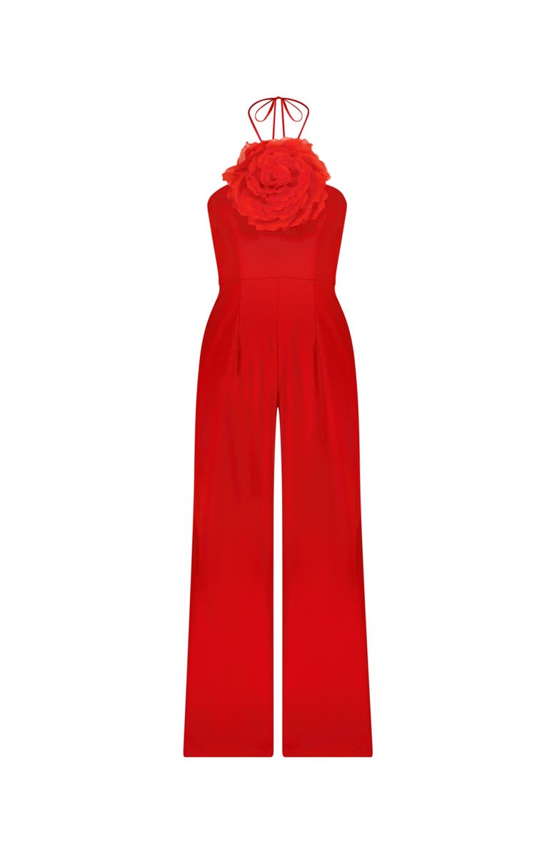 Mac Duggal Crepe Halter Neck Flower Detail Jumpsuit, Alternate, color, Cherry