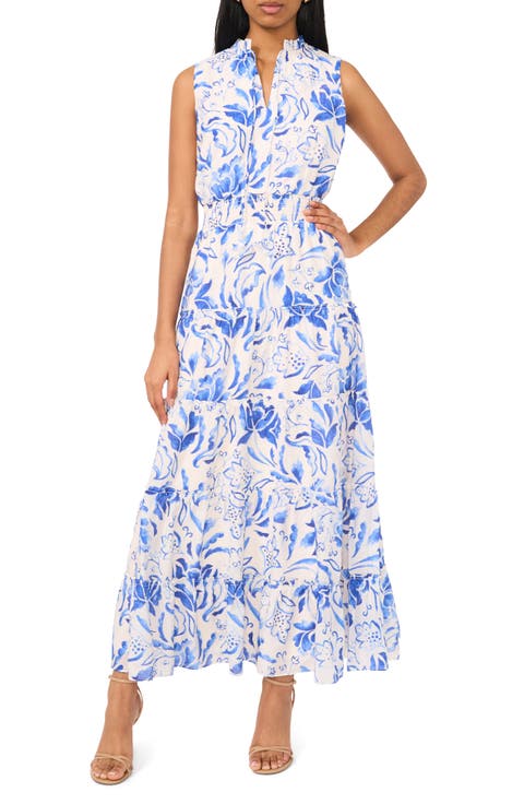 Floral Tie Neck Sleeveless Tiered Maxi Dress