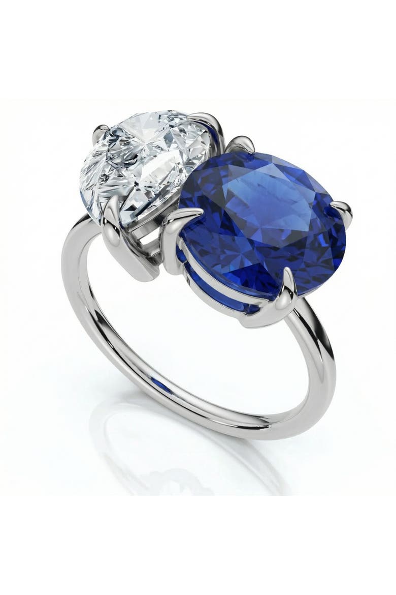5 1/2Ct Certified Blue Sapphire & Diamond Toi Et Moi Diamond Ring Gold Lab Grown, Alternate, color, 14k White Gold