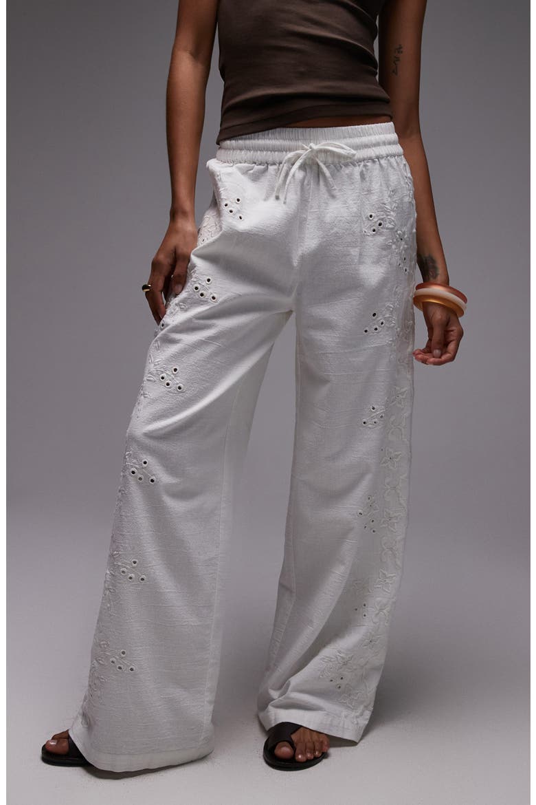 Eyelet Embroidered Wide Leg Cotton & Linen Drawstring Pants, Main, color, WHITE