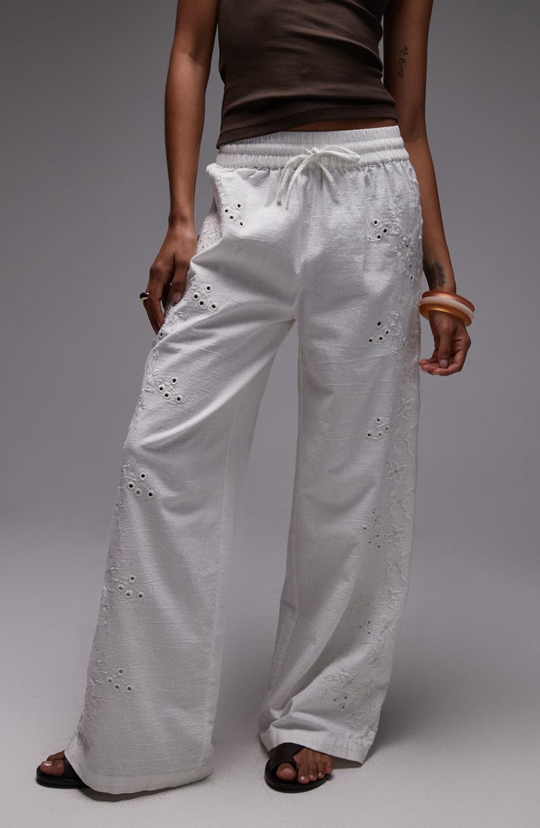 Topshop Eyelet Embroidered Wide Leg Cotton & Linen Drawstring Pants, Main, color, White