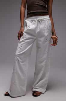 Topshop Eyelet Embroidered Wide Leg Cotton & Linen Drawstring Pants