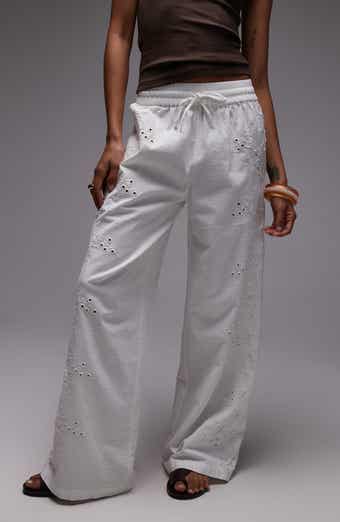 Topshop Eyelet Embroidered Wide Leg Cotton & Linen Drawstring Pants