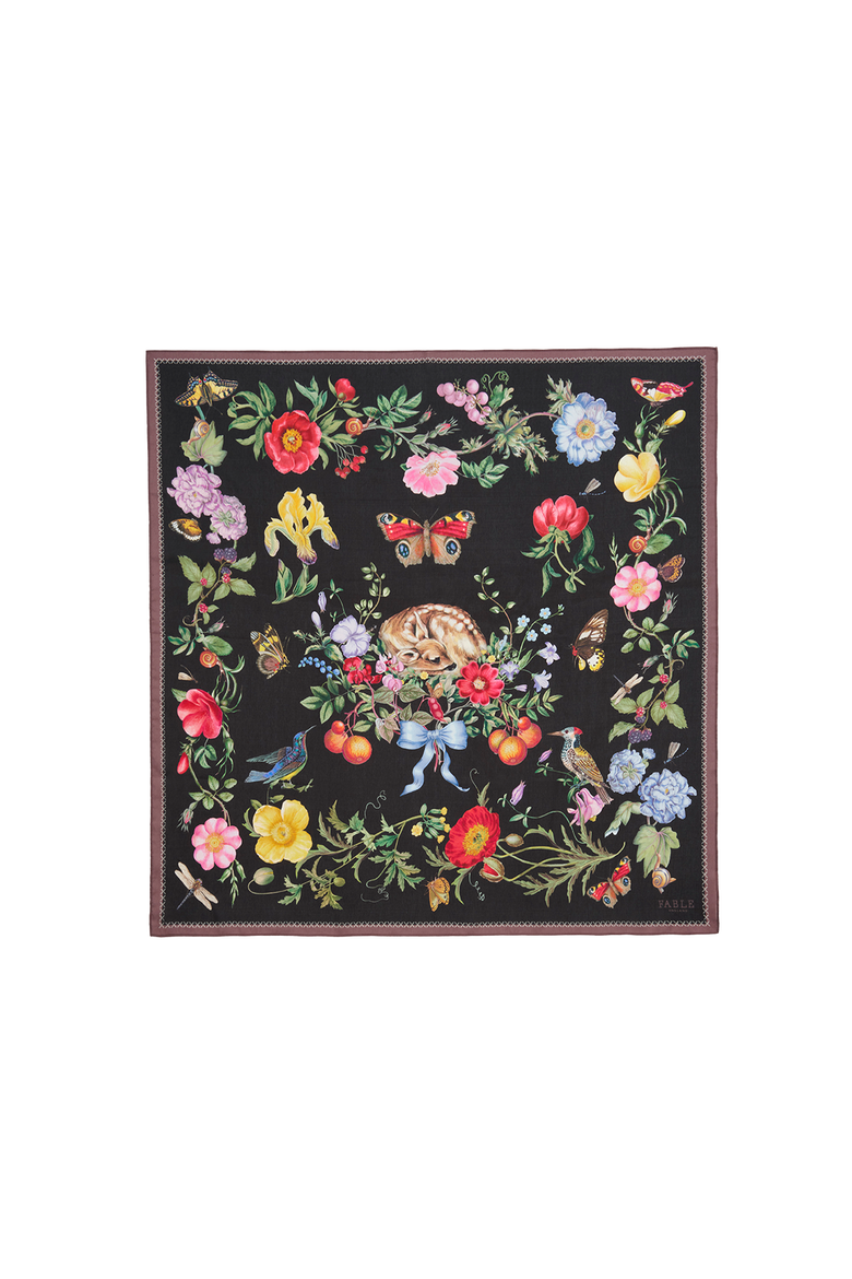 Black Fruity Floral Narrative Square Scarf, Main, color, Black