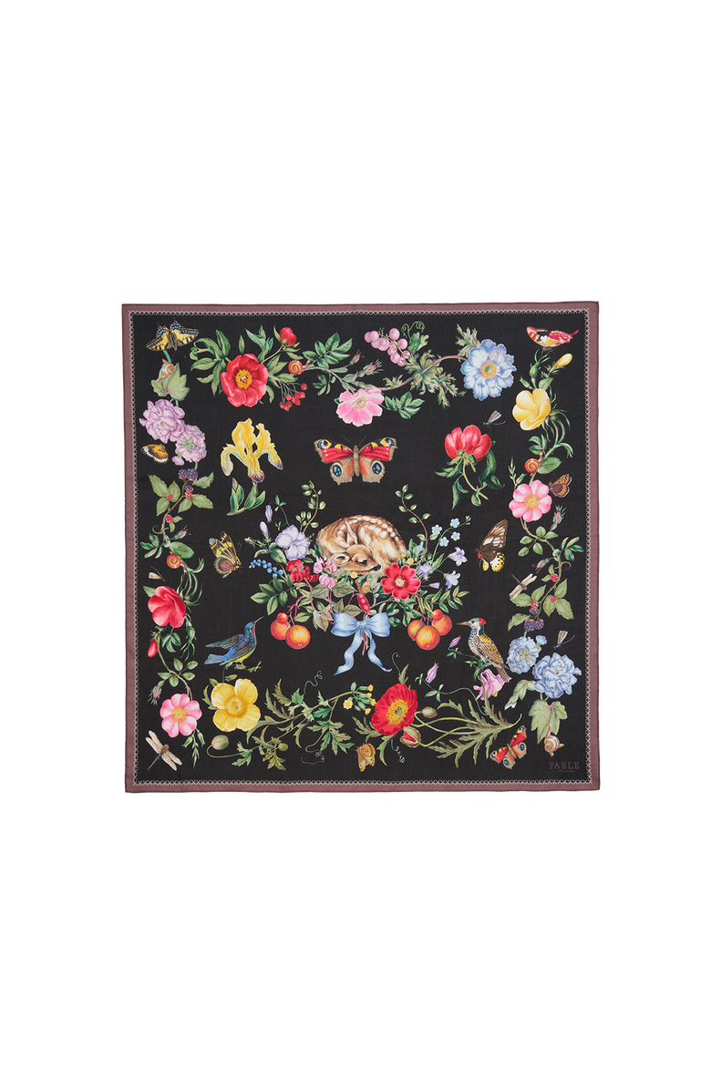 Fable England Black Fruity Floral Narrative Square Scarf, Main, color, Black