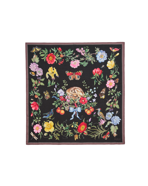 Black Fruity Floral Narrative Square Scarf
