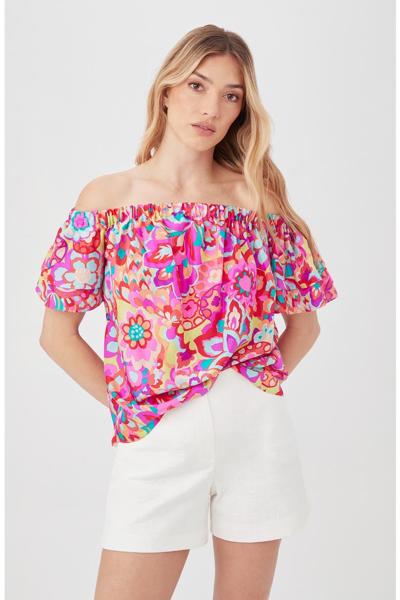 Silia Print Ruffle Sleeve Off the Shoulder Top, Alternate, color, PINK MULTI