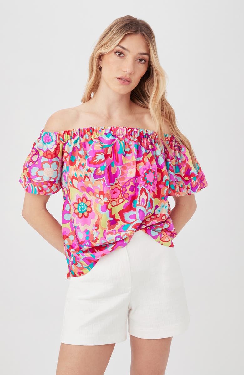 Trina Turk Silia Print Ruffle Sleeve Off the Shoulder Top, Alternate, color, Pink Multi