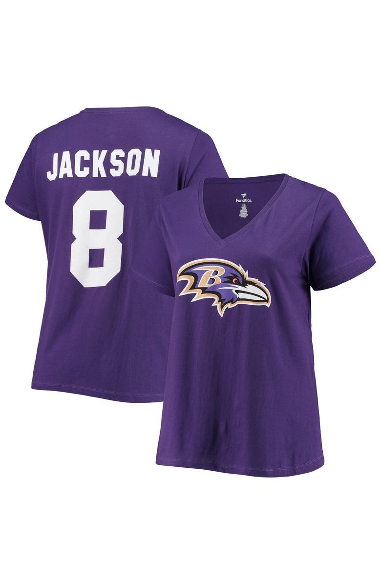 FANATICS Women's Lamar Jackson Purple Baltimore Ravens Plus Size Fair Catch Name & Number V-Neck T-Shirt, Main, color, Purple