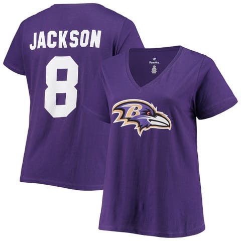 Women's Lamar Jackson Purple Baltimore Ravens Plus Size Fair Catch Name & Number V-Neck T-Shirt
