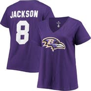 FANATICS Women's Lamar Jackson Purple Baltimore Ravens Plus Size Fair Catch Name & Number V-Neck T-Shirt