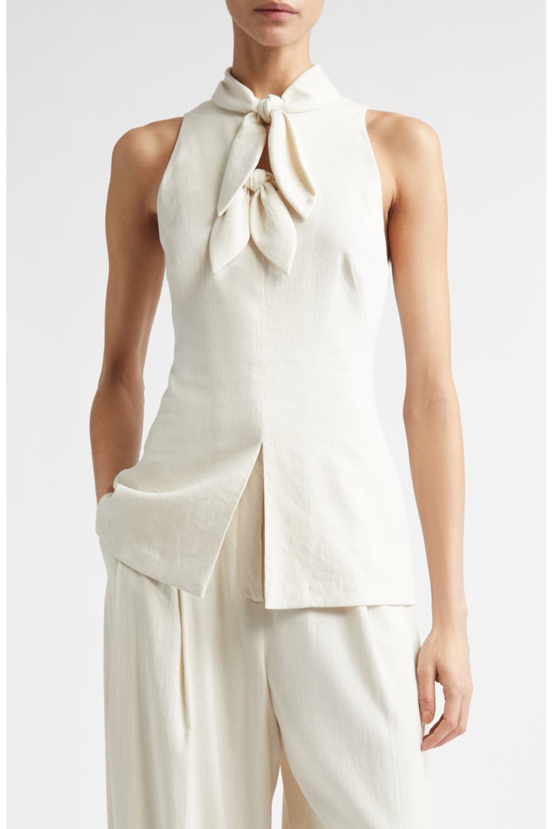 Bow Embellished Linen Blend Sleeveless Top, Main, color, BONE