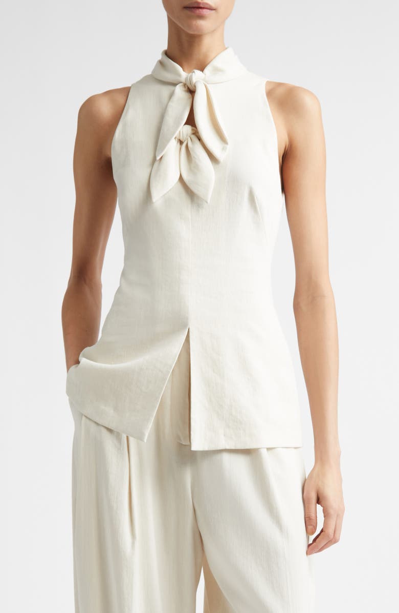Lela Rose Bow Embellished Linen Blend Sleeveless Top, Main, color, Bone