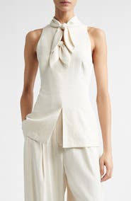 Lela Rose Bow Embellished Linen Blend Sleeveless Top