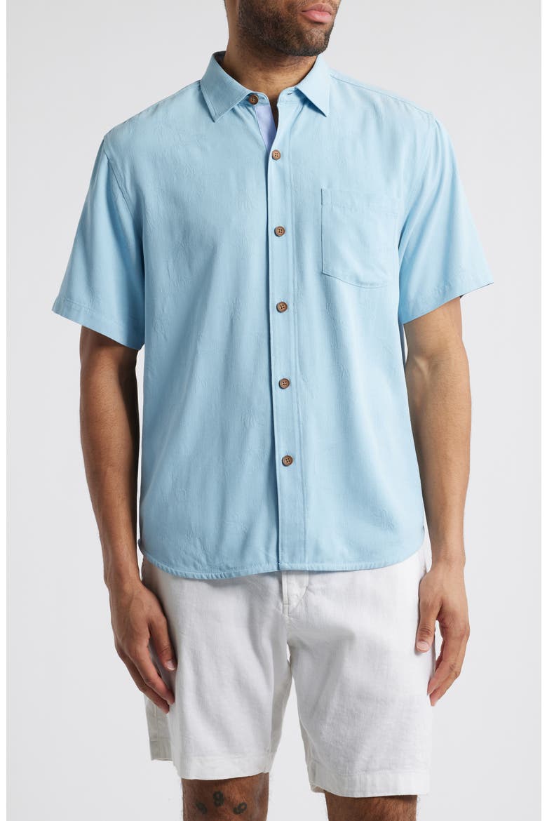 Birdie of Paradise Short Sleeve Silk Graphic Button-Up Shirt, Main, color, BLUE JAY