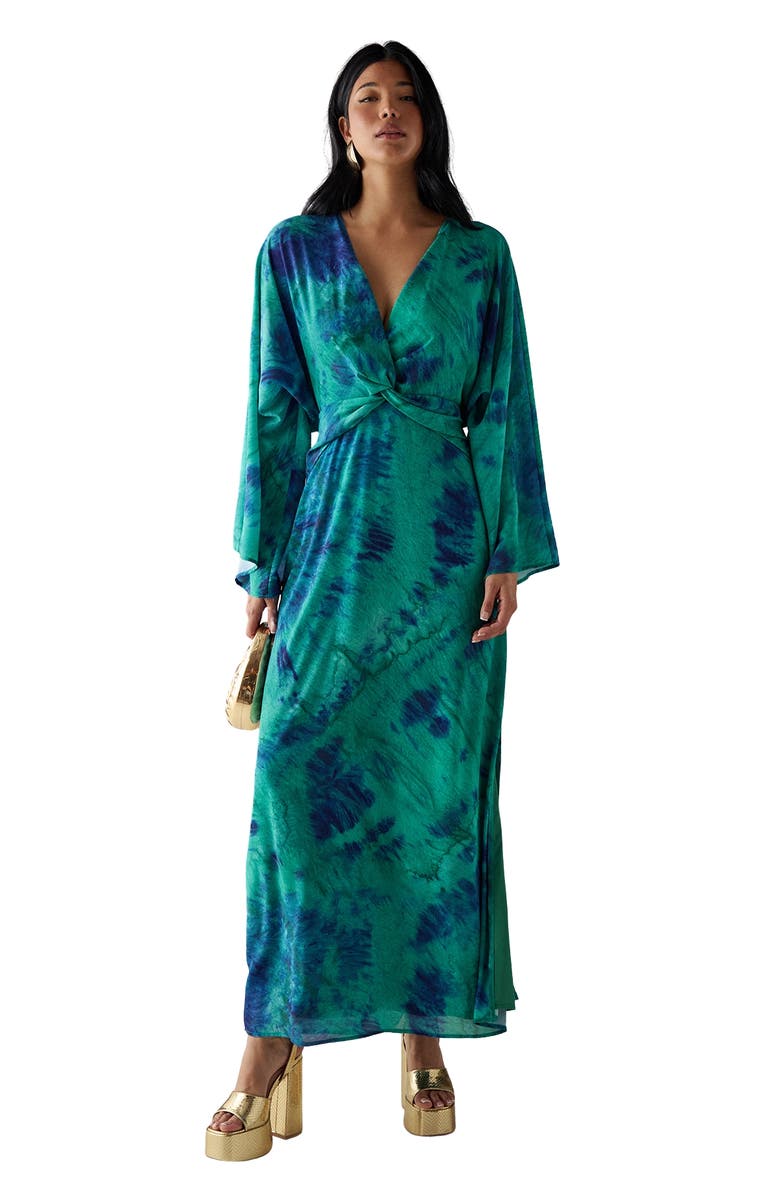 Warehouse Chiffon Wrap Knot Front Maxi Dress, Main, color, Green