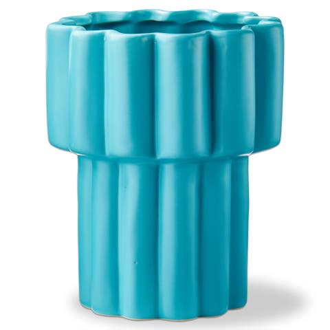 Teal Scallop Tall Stoneware Planter with Silicone Plug 6.46x6.46x7.87 in