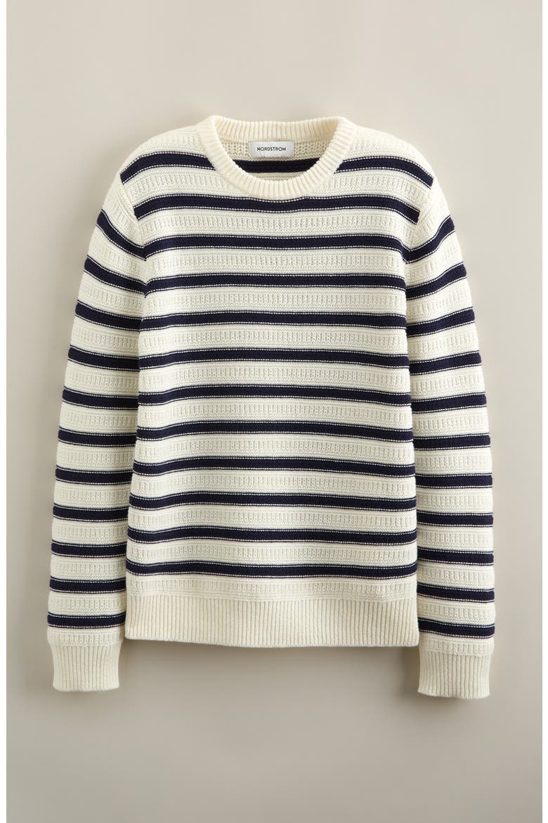 Kids' Textured Stripe Cotton Blend Crewneck Sweater, Main, color, NAVY PIN- IVORY TEXTURE STRIPE