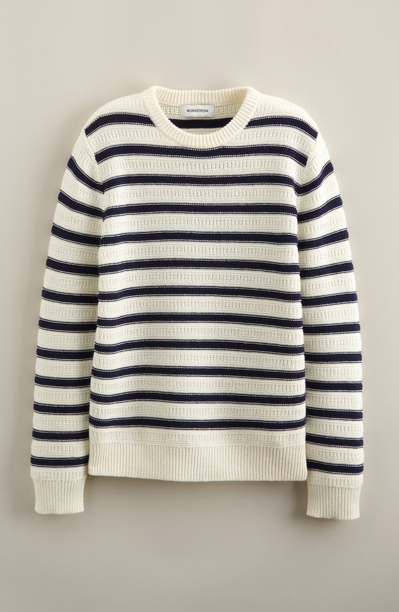 Nordstrom Kids' Textured Stripe Cotton Blend Crewneck Sweater, Main, color, Navy Pin- Ivory Texture Stripe