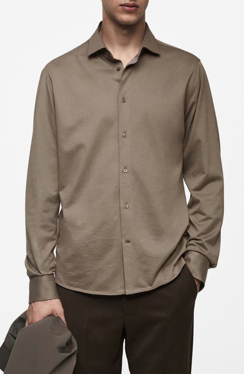 Button Front Men Shirt NORDSTROM deals Cotton Shirt Tan Structured Wrinkle-Free Shirt