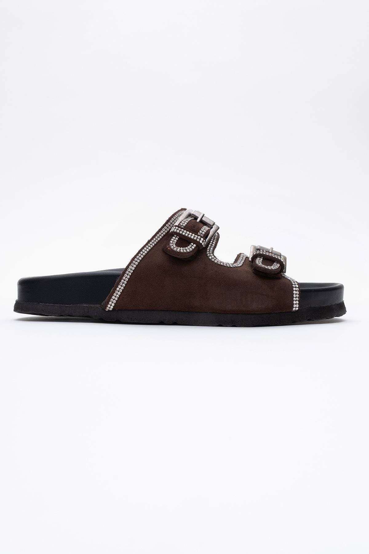 Forever & Always Shoes Allen Rhinestone Leather Slide Sandal, Alternate, color, Brown Suede Leather