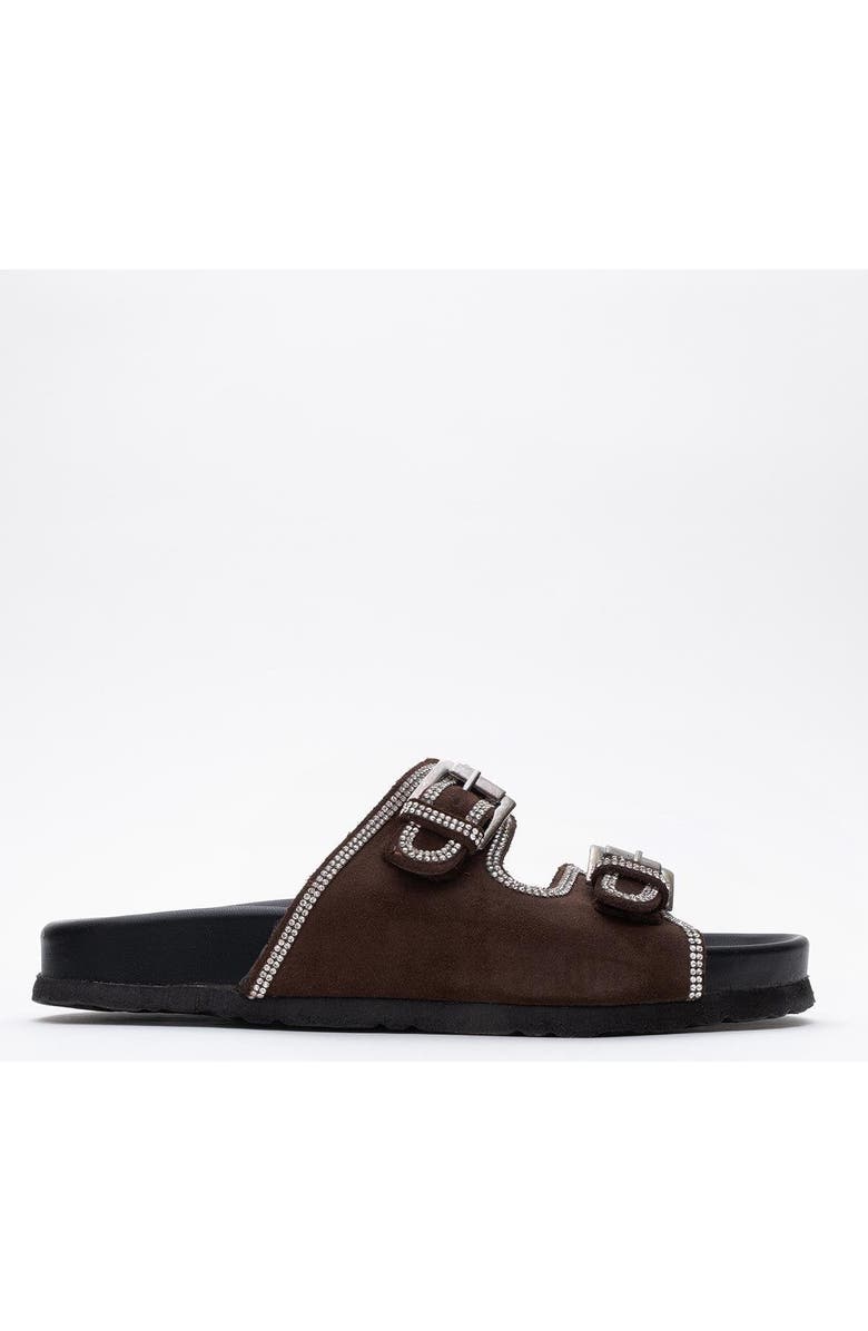 Forever & Always Shoes Allen Rhinestone Leather Slide Sandal, Alternate, color, Brown Suede Leather