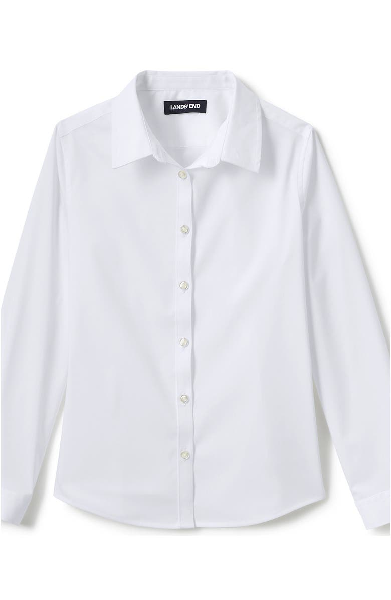Lands' End School Uniform Girls No Gape Long Sleeve Stretch Shirt, Main, color, Pearl White