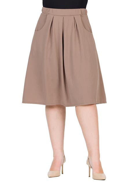 Elastic Waist Pleated Knee Length Pocket Skirt
