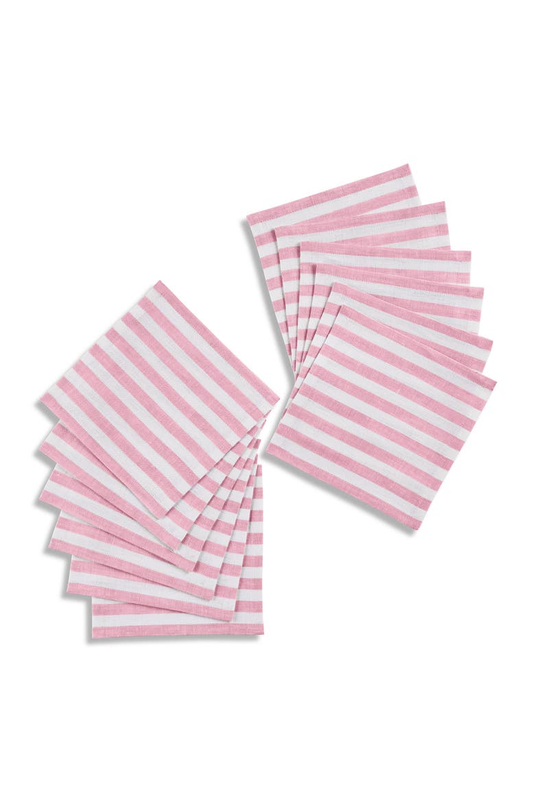 Linen Cocktail Napkins Set of 12, 6 x 6" - Amalfi Stripe, Main, color, Cherry Blossom and White
