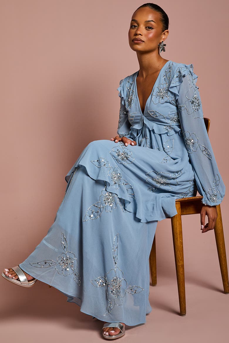 Petite Embellished Flower Georgette Dress, Alternate, color, Dusty Blue