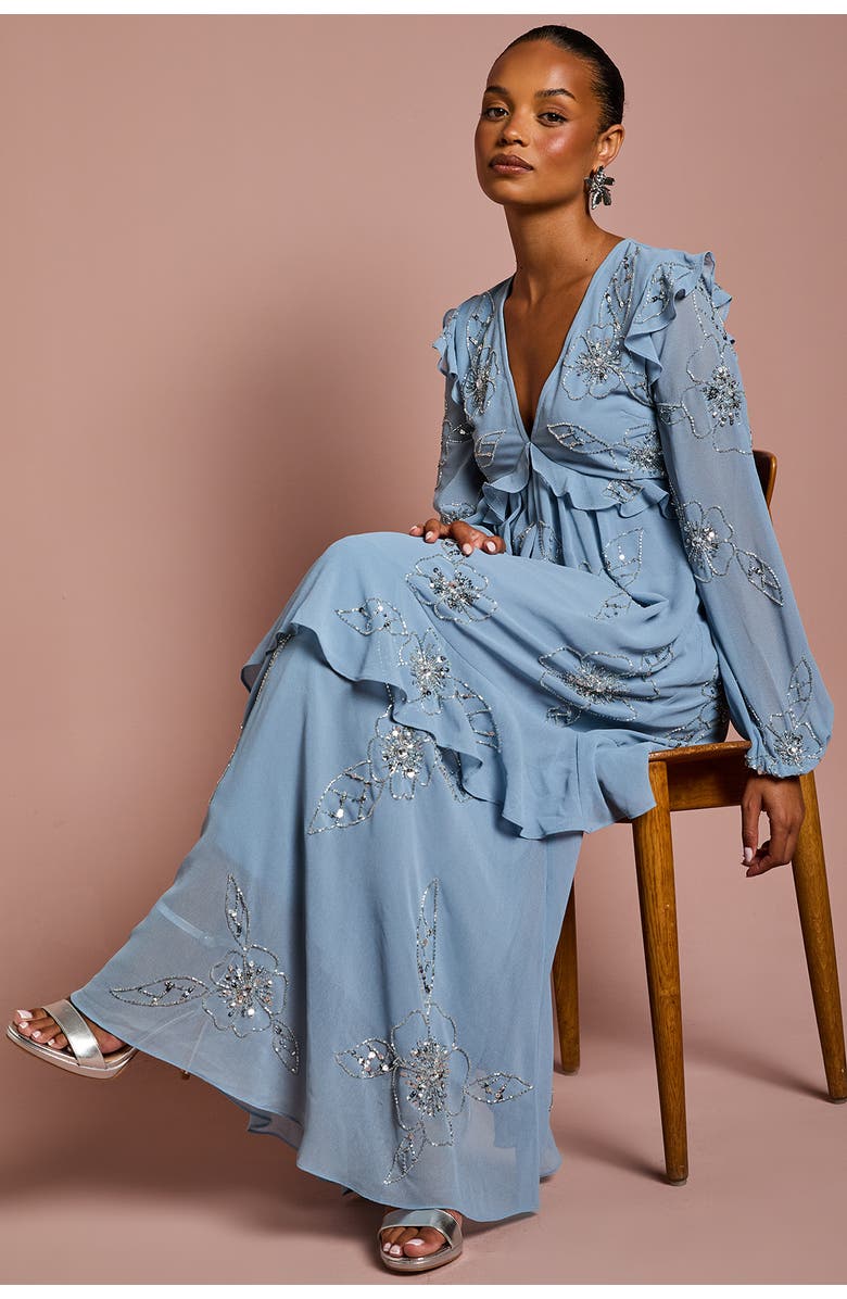 Coast Embellished Flower Georgette Midi Dress, Alternate, color, Dusty Blue