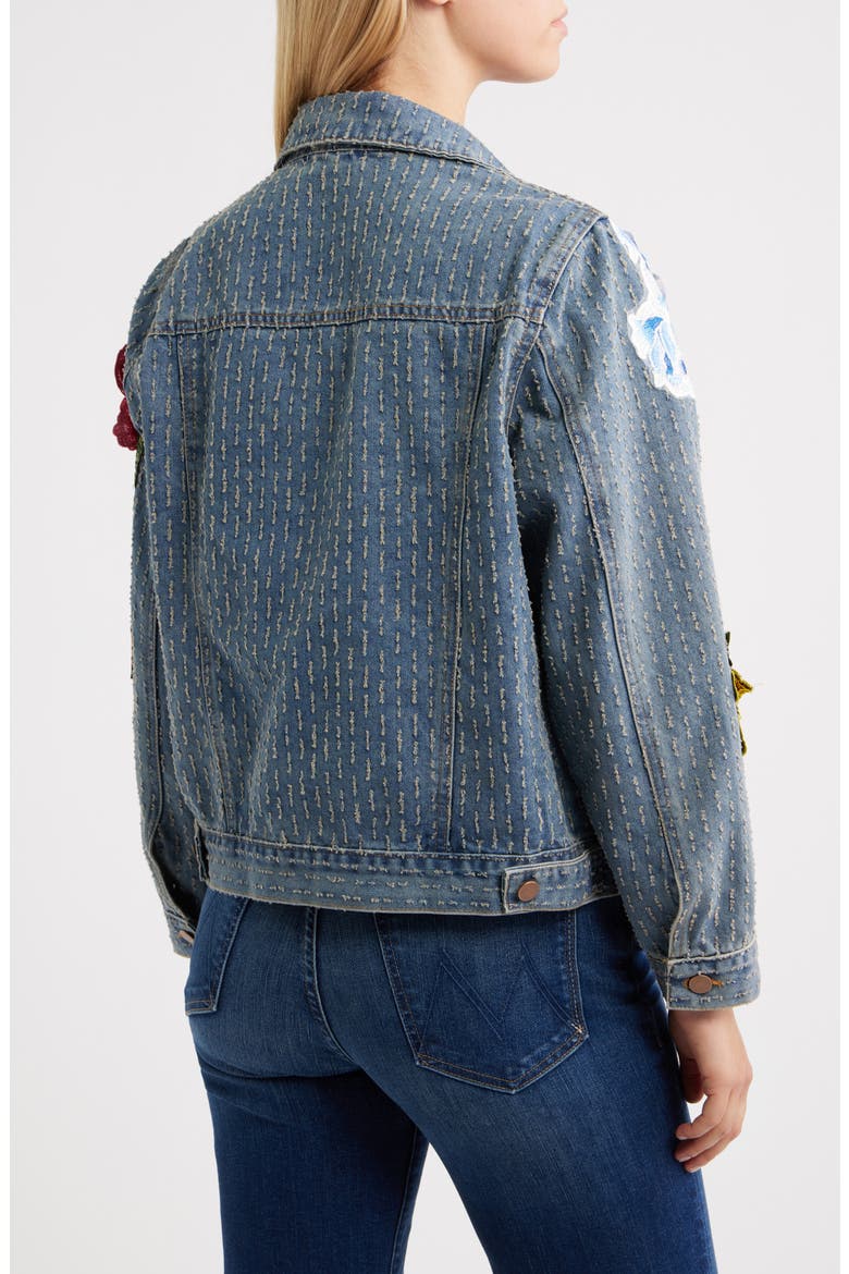 Blossom Embroidered Floral Appliqué Denim Trucker Jacket, Alternate, color, DARK BLUE