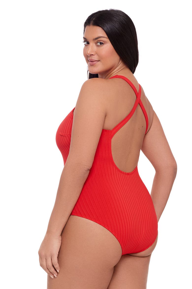 Smoothing and Sculpting Ribbed Scoopneck Crossback One-Piece Swimsuit, Alternate, color, Scarlet
